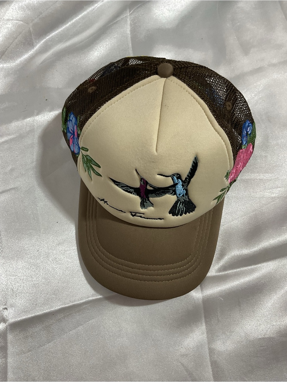 Embroidered Hummingbird Beige & Brown Trucker Cap